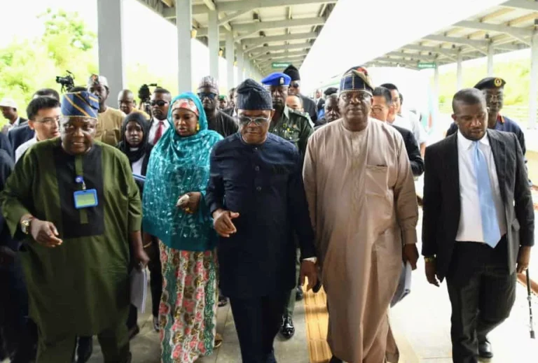Wike Inspects Rail Transport Project In First Official Outing From L-R: Director of Transportation, Federal Capital Territory Administration (FCTA), Mr Joseph Akinteye; Minister of State for Federal Capital Territory (FCT), Dr Mariya Mahmoud; Minister of the FCT, Mr Nyesom Wike; and Permanent Secretary, FCTA, Mr Adesola Olusade, during an inspection visit to rail transport rehabilitation projects in Abuja, on Wednesday