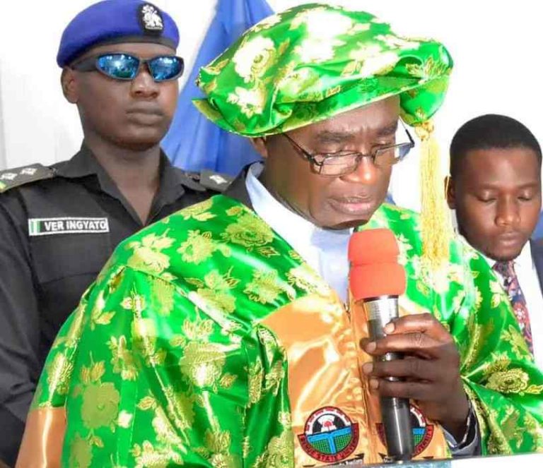 File photo of Governor Hyacinth Alia at the recent induction ceremony of graduates of Medicine from BSU's College of Health Sciences.