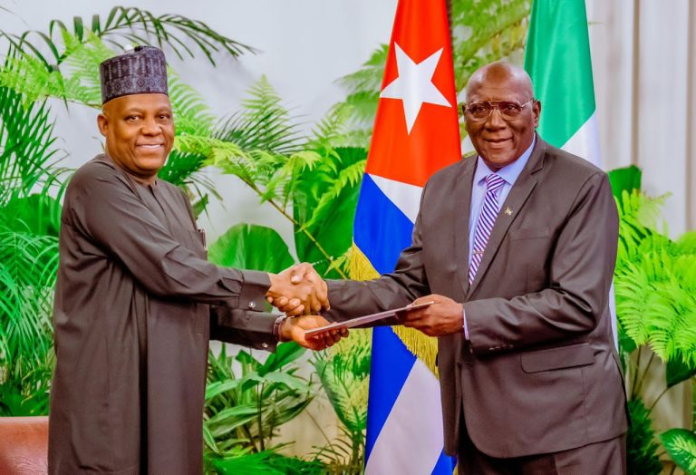 Nigeria To Deepen Strategic Relations With Cuba – Shettima Vice President Kashim Shettima (left) in a warm handshake with the Vice President of Cuba, Salvador Valdez Mesa at the Palace De Revolution, Havana, on Thursday.