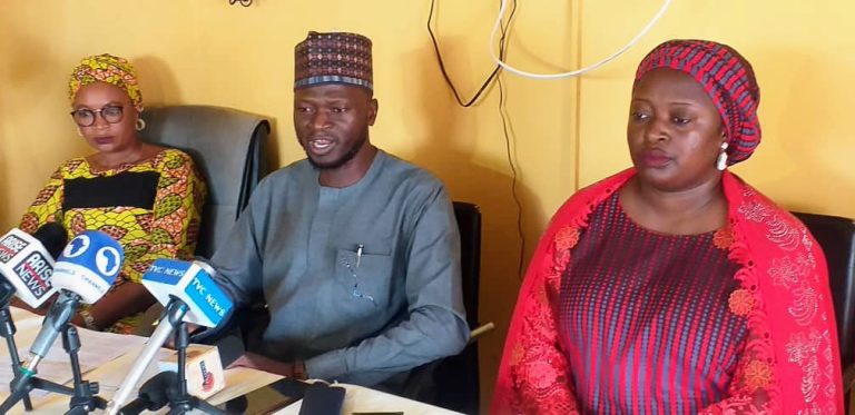 From L-R: Moureen Sheyin of Freedom Radio; Mr Ango Bally of Invicta FM; and Mrs Lilian Zubairu of FRCN, during a press conference urging President Tinubu to allocate Kaduna ministerial slot to Southern Kaduna