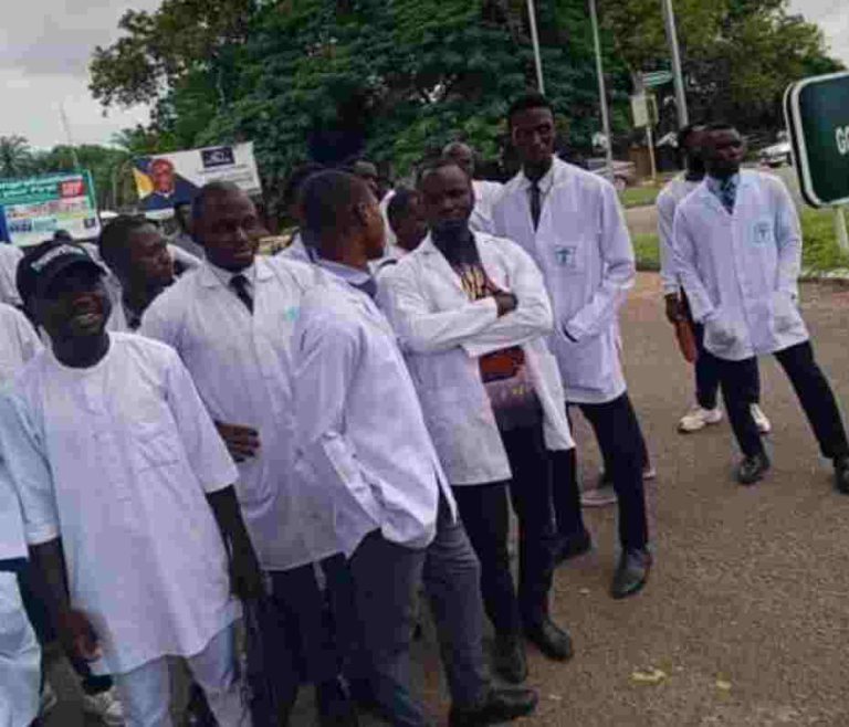 The medical students at the gate of Government House Makurdi on October 25, 2023.