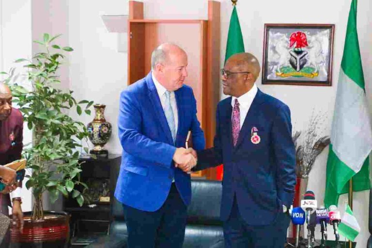 FCT Minister, Barrister Nyesom Wike (right) welcoming the Irish Ambassador to Nigeria, HE Peter Ryan to his office at the FCTA on Tuesday.