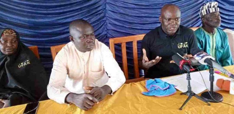 R-L: Hajiya Asmau Lawal, Hausawa woman leader in UFAK, Benue NUJ chairman, Comrade Vincent Nyinongu, UFAK president, Mr Dennis Denen Utsa, & Dominic Uselegh, the Chief of Madi Community, during the courtesy call.