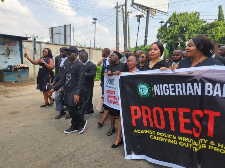 Members of Ikeja, Ikorodu, Badagry and Epe branches of the Nigerian Bar Association during a protest march against police brutality in Lagos on Thursday