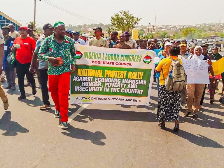 Kogi NLC members on procession along Ganaja Road Lokoja, during the National Protests Rally on Tuesday in Lokoja.