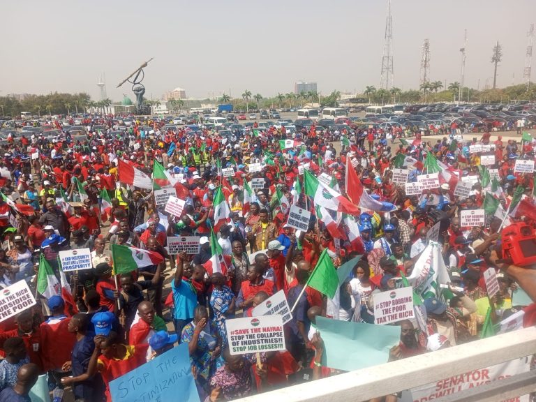 Why We Suspended Day 2 Of Our Nationwide Protest – NLC Protesters at the National Assembly on Day 1, Tuesday, February 27, 2024.