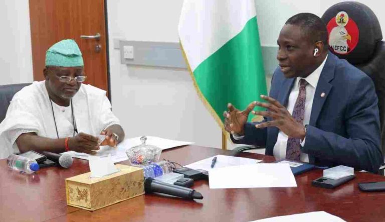 Chief Biodun Ajiboye, Executive Secretary, National Institute for Cultural Orientation, NICO, with Mr Ola Olukoyede, Executive Chairman of EFCC