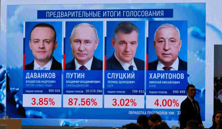 Putin Wins Russia Election In Landslide Preliminary results of the presidential election are displayed on a screen at the headquarters of Russia's Central Election Commission in Moscow, Russia, March 17, 2024.
