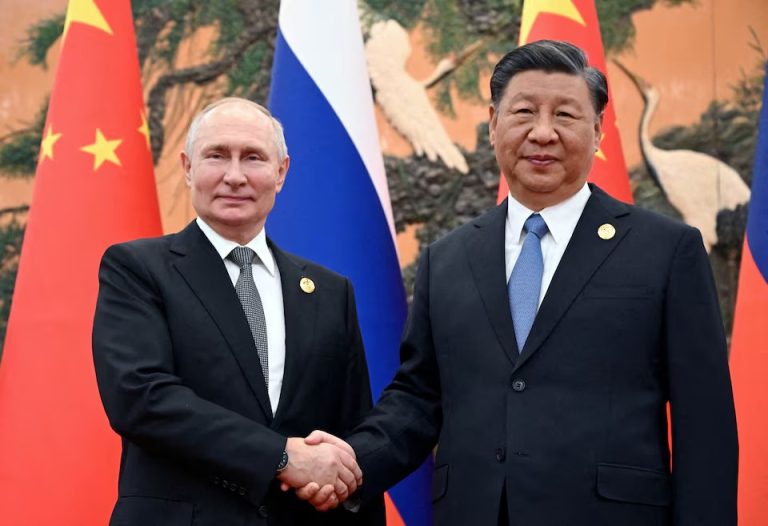 Russian President Vladimir Putin shakes hands with Chinese President Xi Jinping during a meeting at the Belt and Road Forum in Beijing, China, October 18, 2023. Sputnik/Sergei Guneev/Pool via REUTERS/File Photo