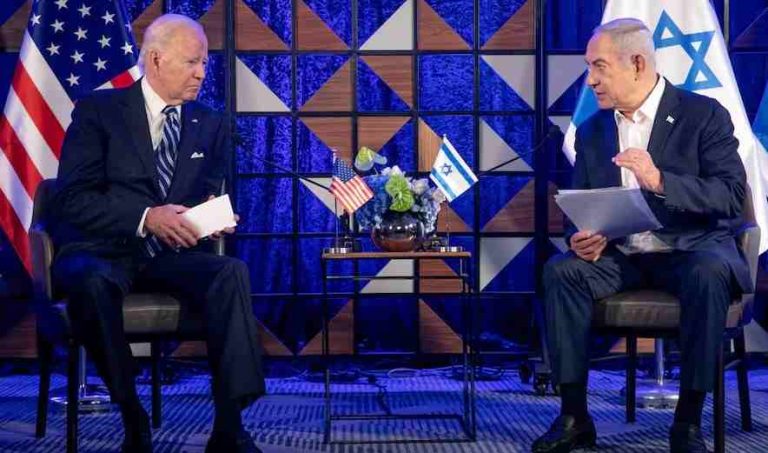 U.S. President Joe Biden, left, meets with Israeli Prime Minister Benjamin Netanyahu, right, to discuss the ongoing conflict between Israel and Hamas, in Tel Aviv, Israel, Wednesday, Oct. 18, 2023. Miriam Alster/Pool via REUTERS/File Photo