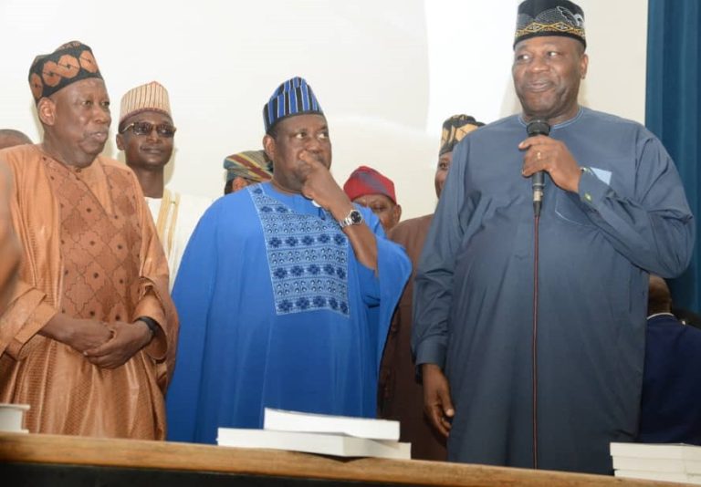 From left: Dr Umar Ganduje, APC National Chairman; Senator George Akume, Secretary to the Government of the Federation; and Amb Nicholas Agbo Ella, Permanent Secretary, Ministry of Petroleum Resources at the book launch in Abuja.