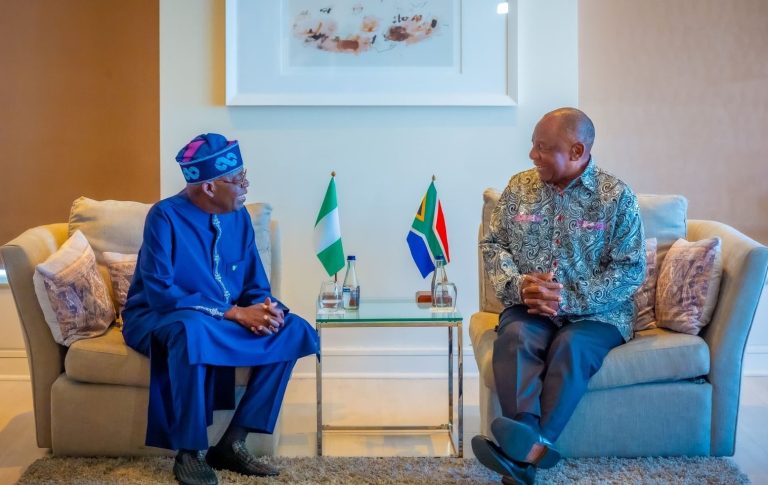 President Tinubu with President Ramaphosa on Thursday in Johannesburg, South Africa