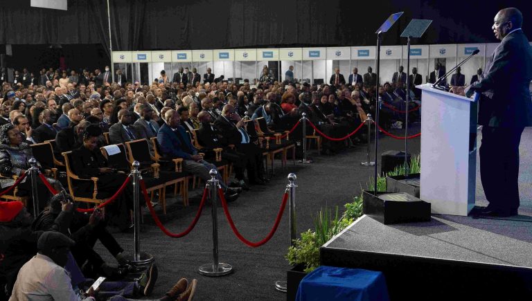 South African President Cyril Ramaphosa delivers an address at the official announcement of the election results.
