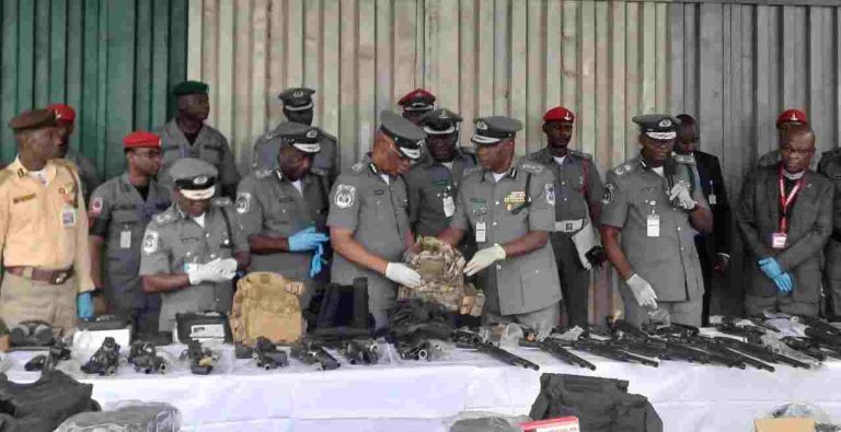 Customs Intercepts Rifles Worth N270m At Lagos Airport The Comptroller General of Customs, Bashir Adeniyi, with Zonal Ordinator Zone ‘A’ Assist Comptroller General, Saidu Yusuf, during interception of arms and ammunition at Lagos airport on Wednesday