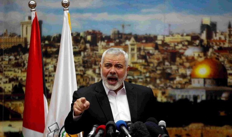 Hamas Chief Ismail Haniyeh gestures as he delivers a speech over U.S. President Donald Trump's decision to recognize Jerusalem as the capital of Israel, in Gaza City December 7, 2017.
