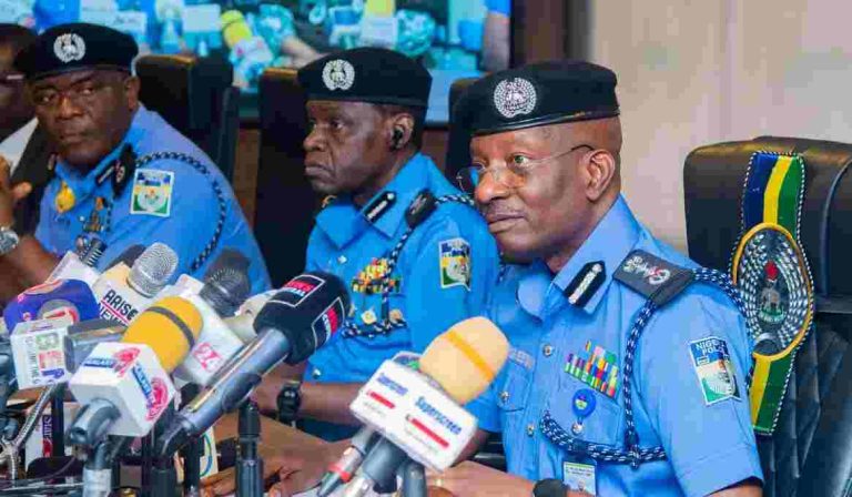 Egbetokun Rolls Out Guidelines For Hardship Protest IGP Egbetokun, flanked by his colleagues, addresses journalists on Friday.