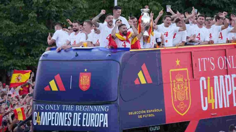 Spain players celebrate on a bus parade in Madrid after winning the European Championship on Sunday. Getty Images