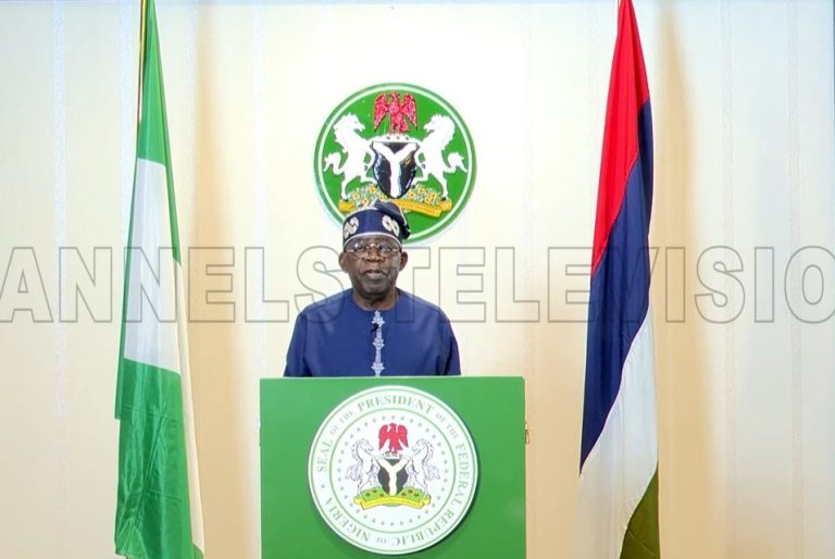 Screen grab of President Tinubu making the broadcast Sunday morning.