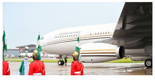 Tinubu Flies To France In New Presidential Aircraft The new presidential jet. Credit: Presidency