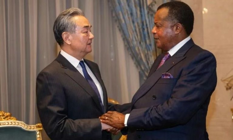 President of the Republic of the Congo, Denis Nguesso, left, meets Chinese Foreign Minister, Wang Yi. Credit - NAN