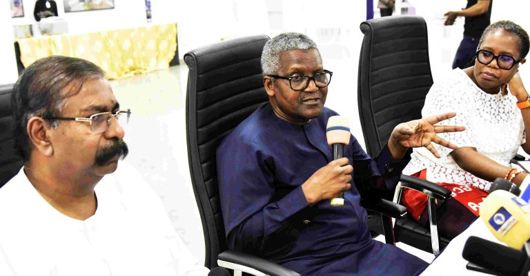 Vice President, Oil and Gas, Dangote Industries Limited, Devakumar Edwin; President / CE, Dangote Industries Ltd, Aliko Dangote; Dean of Lagos Business School ( LBS) Professor Olayinka David-West, during the visit of LBS’ Global CEO Africa Programme Cohort 5 to Dangote Petroleum Refinery and Fertiliser Plant in Ibeju-Lekki Lagos on Thursday July 10,2025