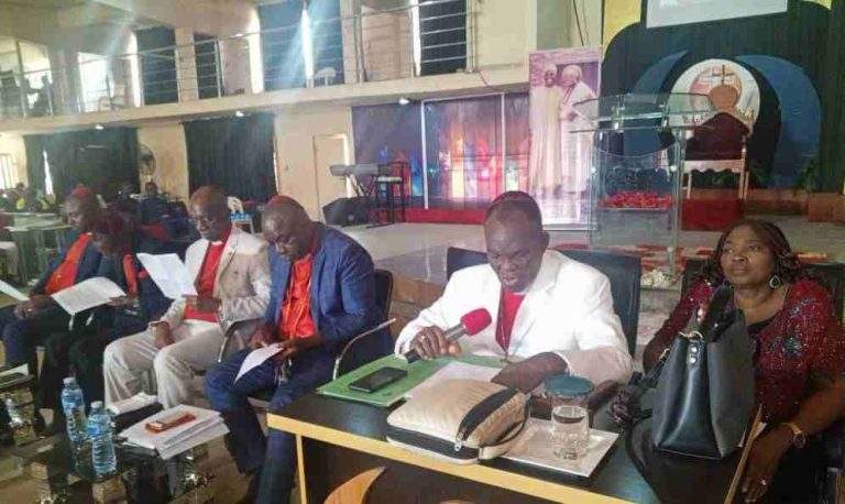 Arch Bishop Orkwar (2nd right) reads the communiqué