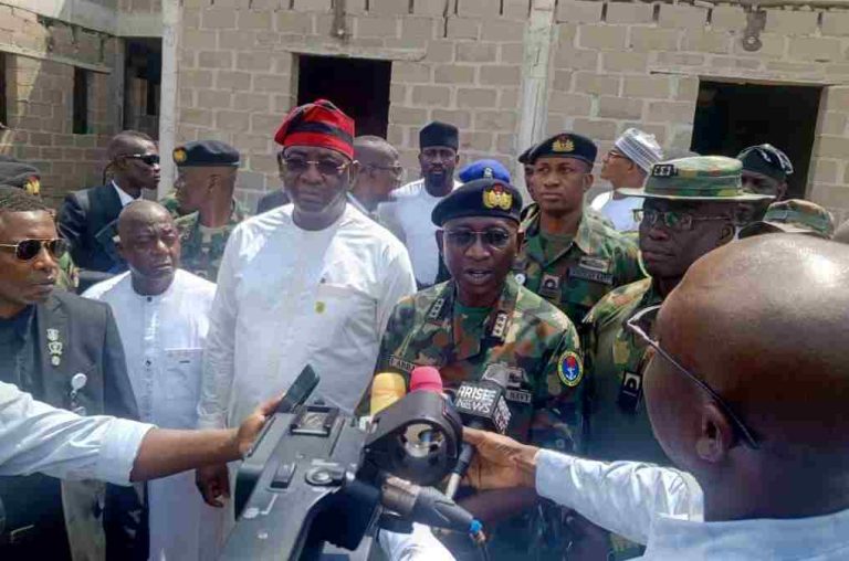 Navy Chief Takes Fight Inland, Inspects New Benue Base CNS Vice Admiral Idi Abbas, flanked by Deputy Governor Sam Ode, speaks with journalists on the site of the SOC during the inspection.