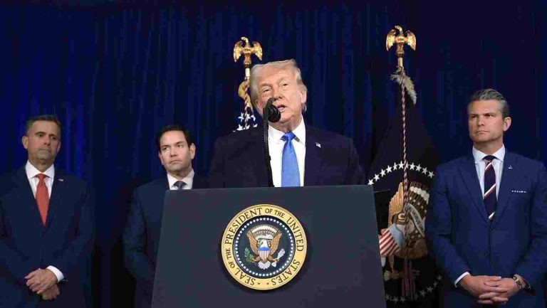 CIA Director John Ratcliffe, Secretary of State Marco Rubio and Secretary of War Pete Hegseth listen as President Trump speak