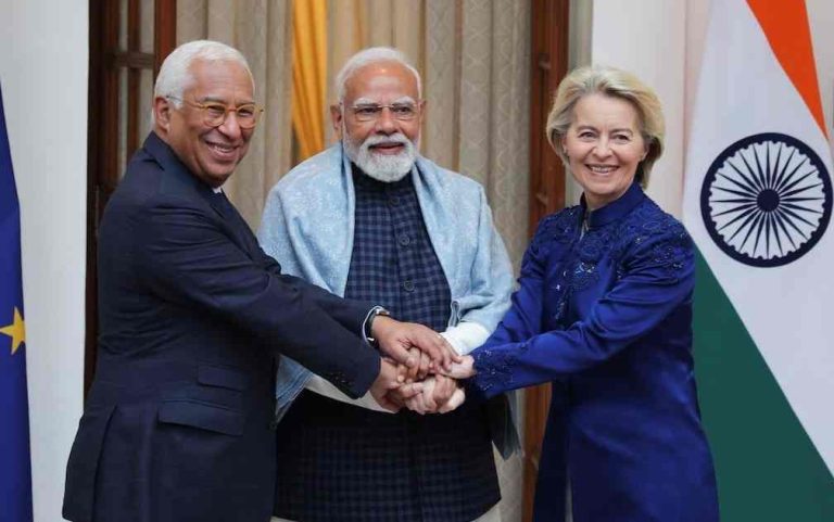 European Council President Antonio Costa, European Commission President Ursula von der Leyen and Indian Prime Minister Narendra Modi pose during a photo opportunity ahead of their meeting at the Hyderabad House in New Delhi, India, January 27, 2026. REUTERS/Altaf Hussain