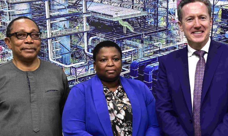 L-R, Group Chief Brand & Communications Officer, Dangote Industries Limited, Anthony Chiejina; Dangote Petroleum Refinery Head Economic Scheduling and Planning, (EPS), Lindelani Zondi; Dangote Petroleum Refinery, Managing Director/CEO, David Bird; During the Press Conference on the State of Dangote Petroleum Refinery in Lekki Lagos on Wednesday 4th February 2026.