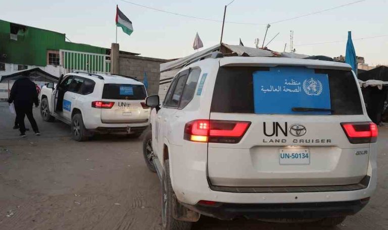 World Health Organization vehicles as patients and war-wounded Palestinians get ready to head towards Kerem Shalom crossing to leave Gaza for treatment.