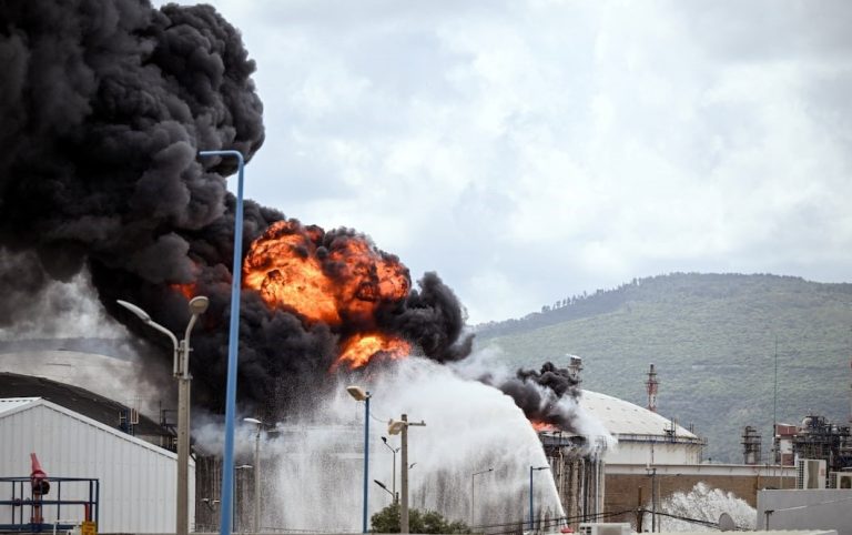 A blaze after Israel's Fire and Rescue Service said that an industrial building and a fuel tanker at Israel's Oil Refineries were hit by debris from an intercepted Iranian missile, amid the U.S.-Israel war on Iran