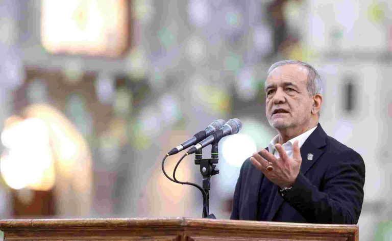 Iranian President Masoud Pezeshkian speaks during a visit to the shrine of the leader of Iran's 1979 Islamic Revolution, Ayatollah Ruhollah Khomeini