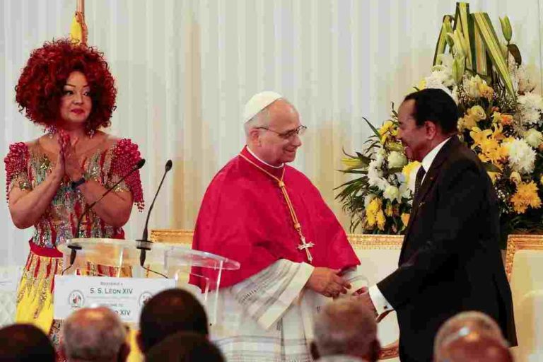 Pope Leo shakes hands with President Biya 1
