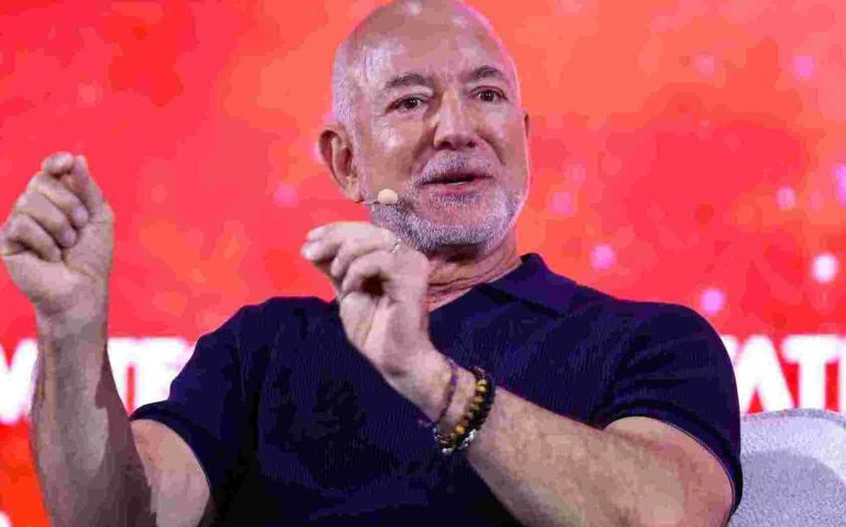 AI Will Lead To Labour Shortages, Bezos Says In Optimistic Talk Jeff Bezos, founder of Amazon and Blue Origin, and co-founder and co-CEO of Prometheus, gestures as he speaks during the 10th edition of the VivaTech technology startups and innovation fair in Paris, France, June 17, 2026. REUTERS/Abdul Saboor
