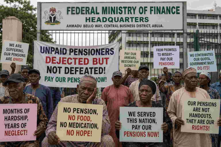 FG Clears ₦39.6bn Pension Arrears An AI image of protesting pensioners. Credit ChatGPT