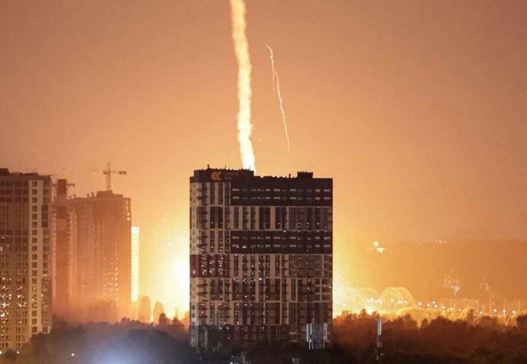 Russian Strikes Kill 28 In Kyiv Area, Exposing Ukraine Air-Defence Shortages An explosion lights up the sky over the city during a Russian missile and drone strike in Kyiv, Ukraine, July 6, 2026. REUTERS/Vladyslav Sodel.