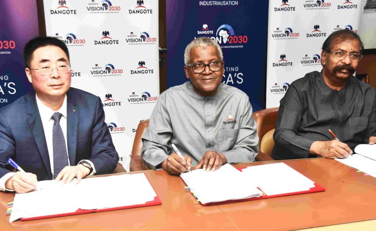 Dangote, Sinoma Sign $800m MoU To Expand Itori Cement Plant Capacity To 12 MTA From Left: Chairman of Board Sinoma International (Nanjing) Engineering Co. Limited, Lin Zhong; President/CE, Dangote Industries Limited, Aliko Dangote; Group Vice President, Oil & Gas, Dangote Industries Limited; Devakumar Edwin; during the signing of MoU agreement Between Dangote Cement Plc, and Sinoma International for the expansion of Dangote Cement, Itori Plant, in Lagos on Saturday 1st August 2026.
