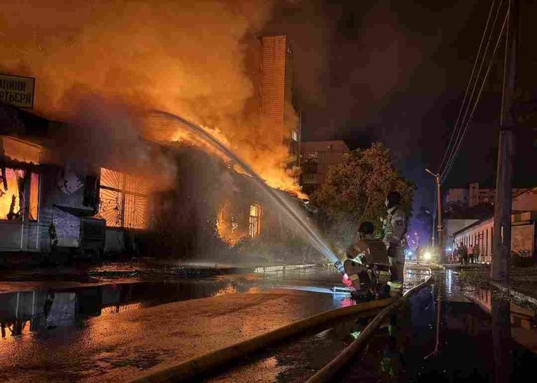 Russian Strikes Kill 16 In Ukraine, Zelenskiy Says Lack Of Patriots Costs Lives Firefighters work near a site of an apartment building hit by a Russian missile strike, amid Russia's attack on Ukraine, in Kyiv, Ukraine August 20, 2026. Picture taken with a mobile phone. REUTERS/Stringer