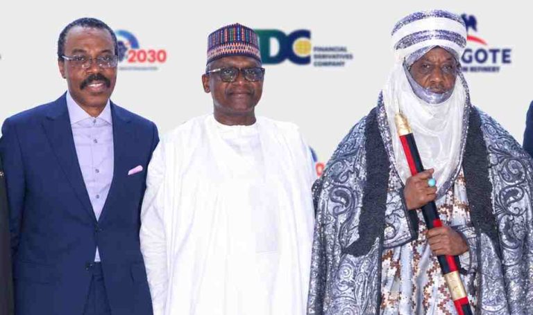 From left: Managing Director/CEO, Financial Derivatives Company, Bismarck Rewane; President/CE, Dangote Industries Limited, Aliko Dangote; Emir of Kano, His Royal Highness, Muhammadu Sanusi II (Special Guest of Honour & Chairman); at the Dangote Petroleum Refinery IPO Roadshow tagged “Kano Grand Homecoming” in Kano on Thursday, September 17, 2026.
