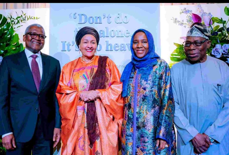 Refinery IPO Reflects Our Long-Term Commitment To Africa’s Industrial, Economic Transformation – Dangote Aliko Dangote, Amina Mohammed, Halima Aliko Dangote, Olusegun Obasanjo at the sent-forth party held at the Africa Centre, Harlem, New York.