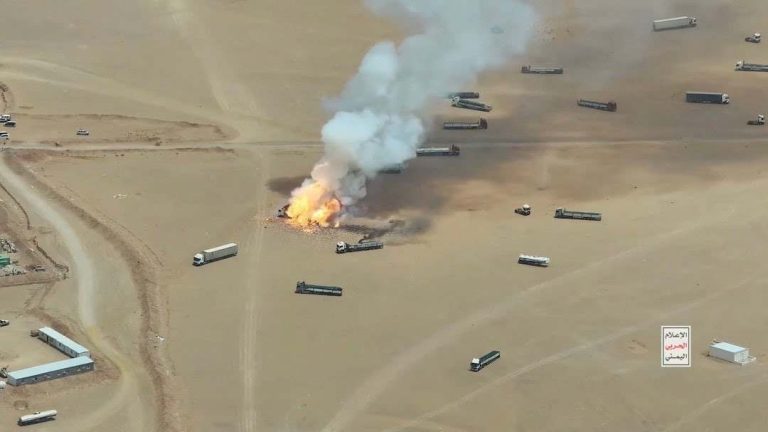 Iran-Backed Houthis Attack Four Saudi Cities In Expansion Of Middle East War, 73 Hurt Smoke rises from a burning truck during what the Houthis say was an attack targeting trucks coming from Saudi territory, at Al-Wadiah border crossing near Al-Wadiah, on the Saudi-Yemen border, in this still image obtained from a handout video released September 7, 2026. Houthi Media Centre/Handout via REUTERS