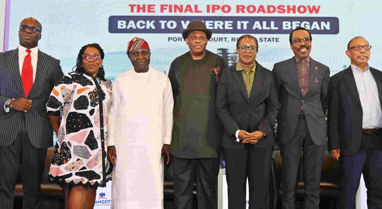 From left: Managing Director, BGL Securities Limited, Arnold A. Dublin-Green; Assistant Vice President, Financial Derivatives Limited, Dr. Ifeoma Nwokolo; CEO, Centre for the Promotion of Private Enterprise [CPPE], Muda Yusuf (speaker); Chairman of the Occasion, Chief Paul Usoro; Dean, Lagos Business School, Information Systems, Prof. Olayinka David-West; Managing Director/CEO, Financial Derivatives Company, Bismarck Rewane; Group Chief Branding & Communications Officer, Dangote Industries Limited, Anthony Chiejina at Dangote Petroleum Refinery & Petrochemicals IPO Roadshow tagged “Back to where it all began” in Port Harcourt. Rivers State on Monday, October 12, 2026.